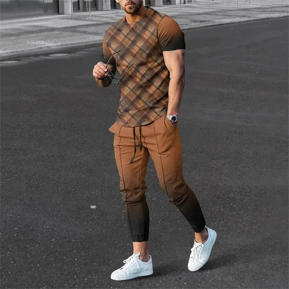 Summer Men\'s Tracksuit Sets Trousers 2 Piece Set Striped Printed Short Sleeve T Shirt+Long Pants Streetwear Trend Male Clothing