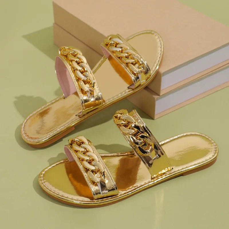 Women Slippers 2024 Summer Fashion Gold Sexy Elegant Flat Sandals Women Sandals Lightweight Comfortable Women Slippers Slides