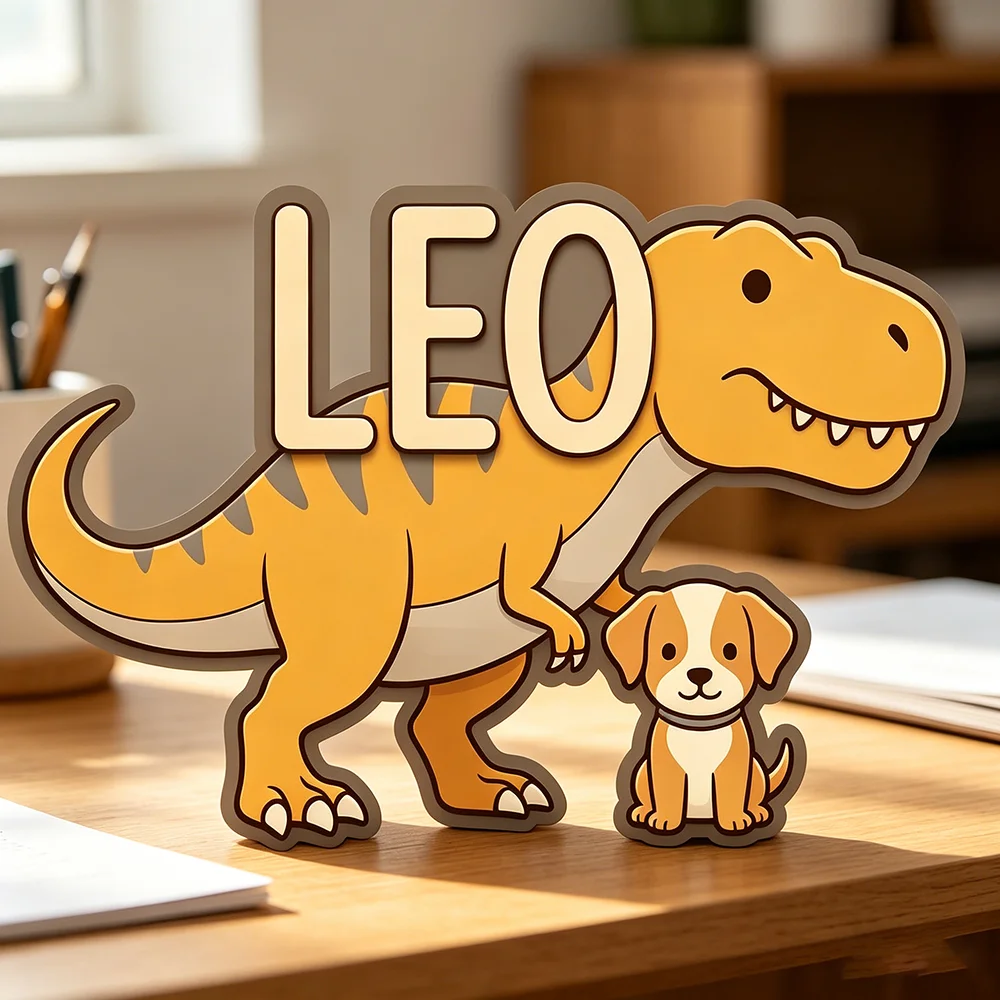 T-Rex Dinosaur & Puppy Custom Name Sign Adventure Nursery Wall Art Personalized Wooden Plaque for Kids Room