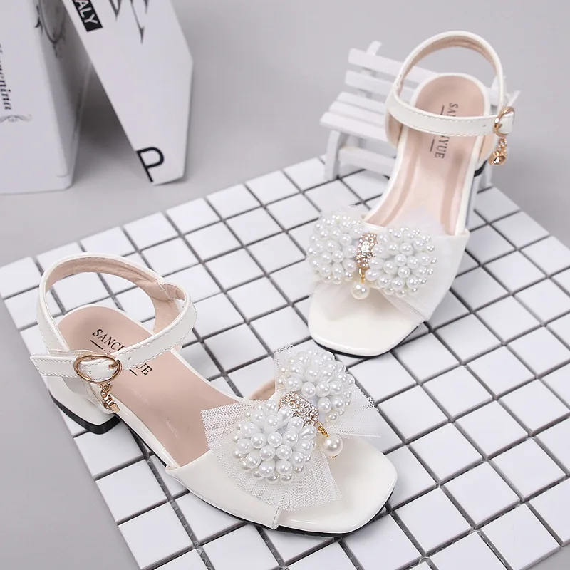 2024 Teens Children\'s Shoes Girls\'Sandals Summer Bright Leather White Pearl Thick Heel Crystal Princess Shoes New 6 8 12 Years