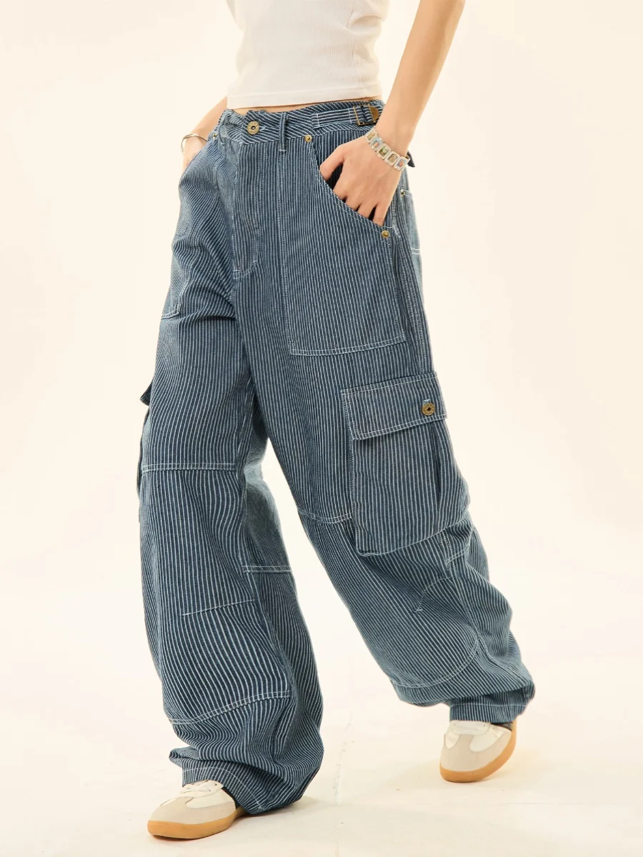 Vêtements de travail rétro américains, jean rayé à jambes droites, pantalon décontracté ample à jambes larges pour hommes et femmes