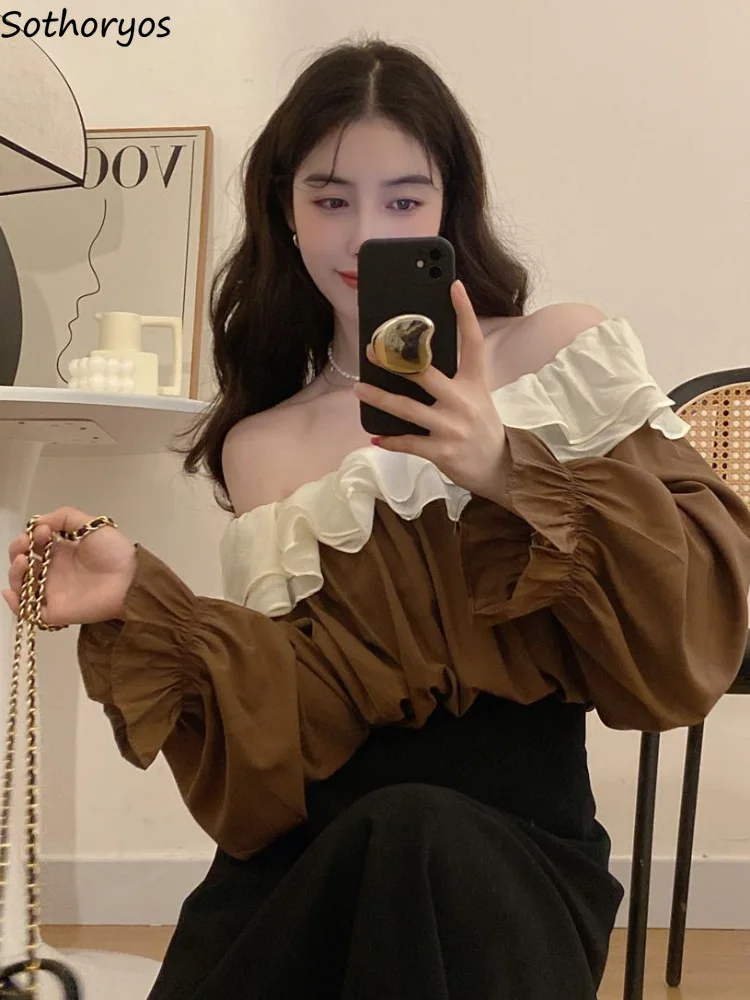 블라우스 여성 패치워크 봄 특별 섹시한 슬래시 넥 루즈핏 여성용 부드럽고 심플한 올매치 한국 스타일 우아한 데일리 캐주얼 신상품