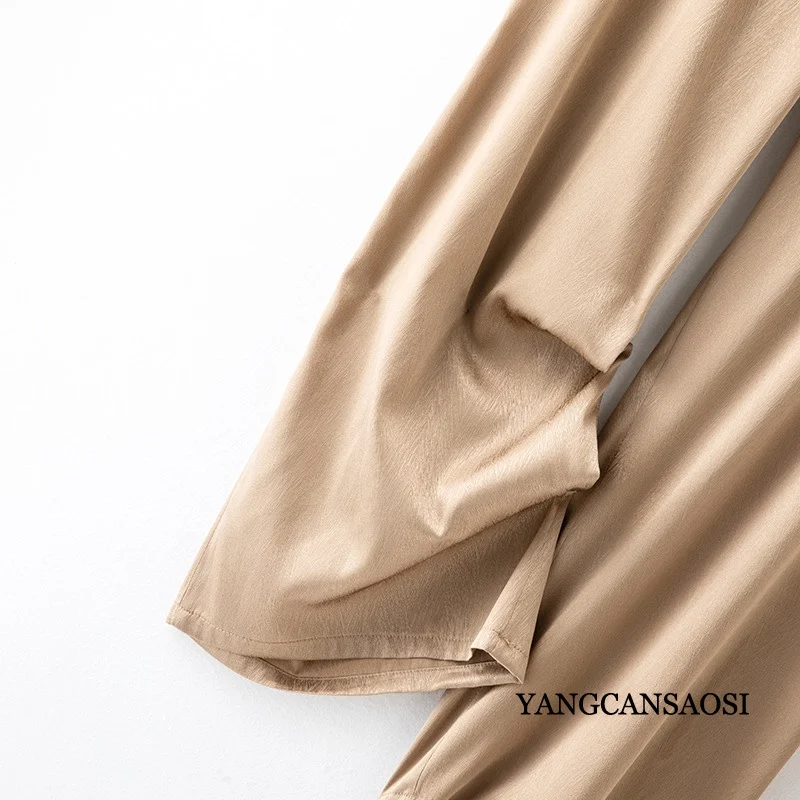 2024 Women\'s Fashion Summer New 93% Natural Mulberry Silk Elastic Herringbone Khaki Office Commuter Straight Leg Pants