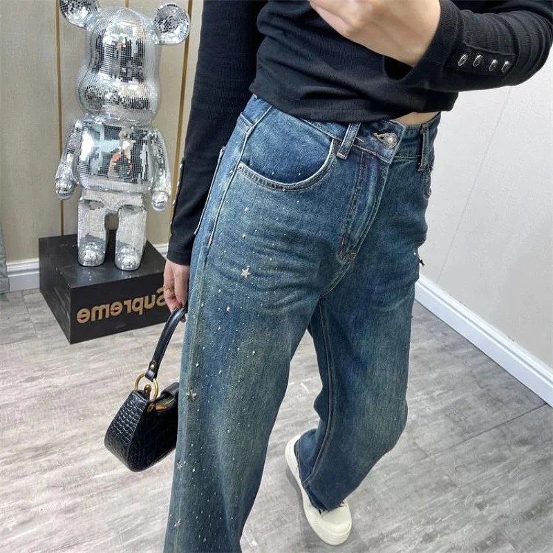

Джинсы женские с высокой талией и широкими штанинами, осень 2024, свободные, стройнящие, универсальные, узкие прямые брюки-трубы, украшенные стразами в виде звезд