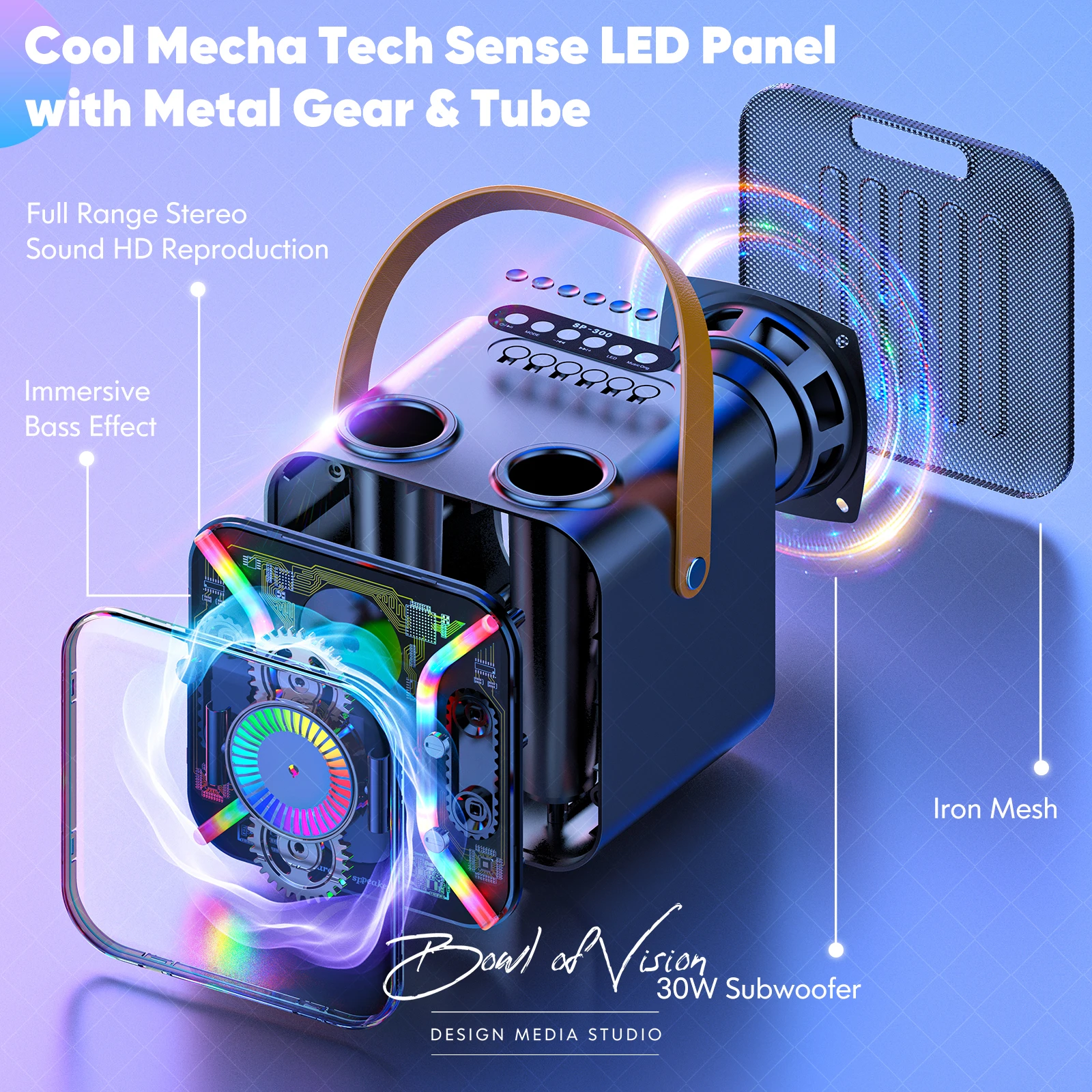 SDRD Mecha Cool LED Karaoke Speakers Outdoor Wireless Portable Bluetooth Speaker with Two Wireless Microphones Support AUX IN/TF