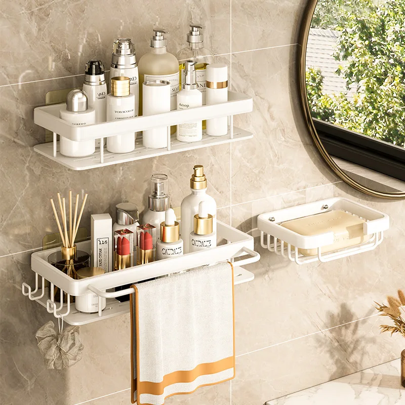 

Punch-free Bathroom Shelf Shelves Wall Mounted Shampoo Storage Rack For Kitchen Holder Square Aluminum Bath Organizer Accessorie