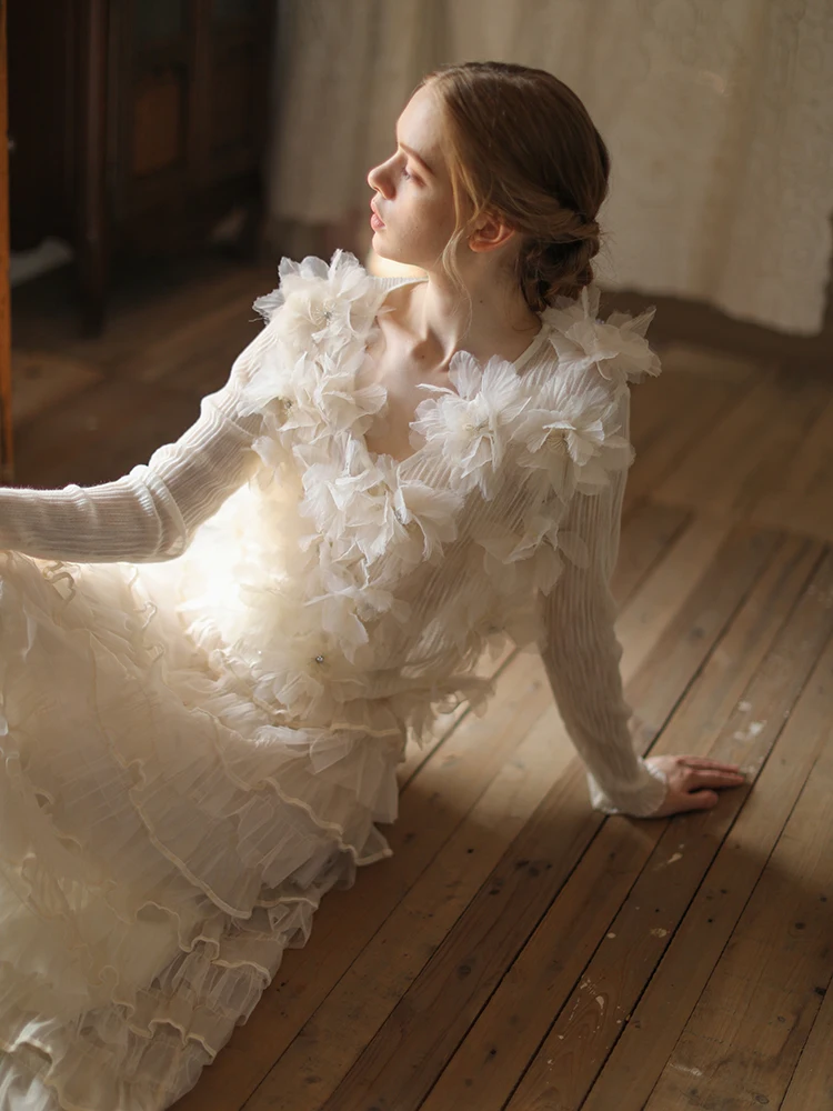 

Handmade Embroidered 3D Flowers Beaded Thin Versatile Bla White Open Cardigan Sweater Ele Loose Fit Polyester Linen Blend