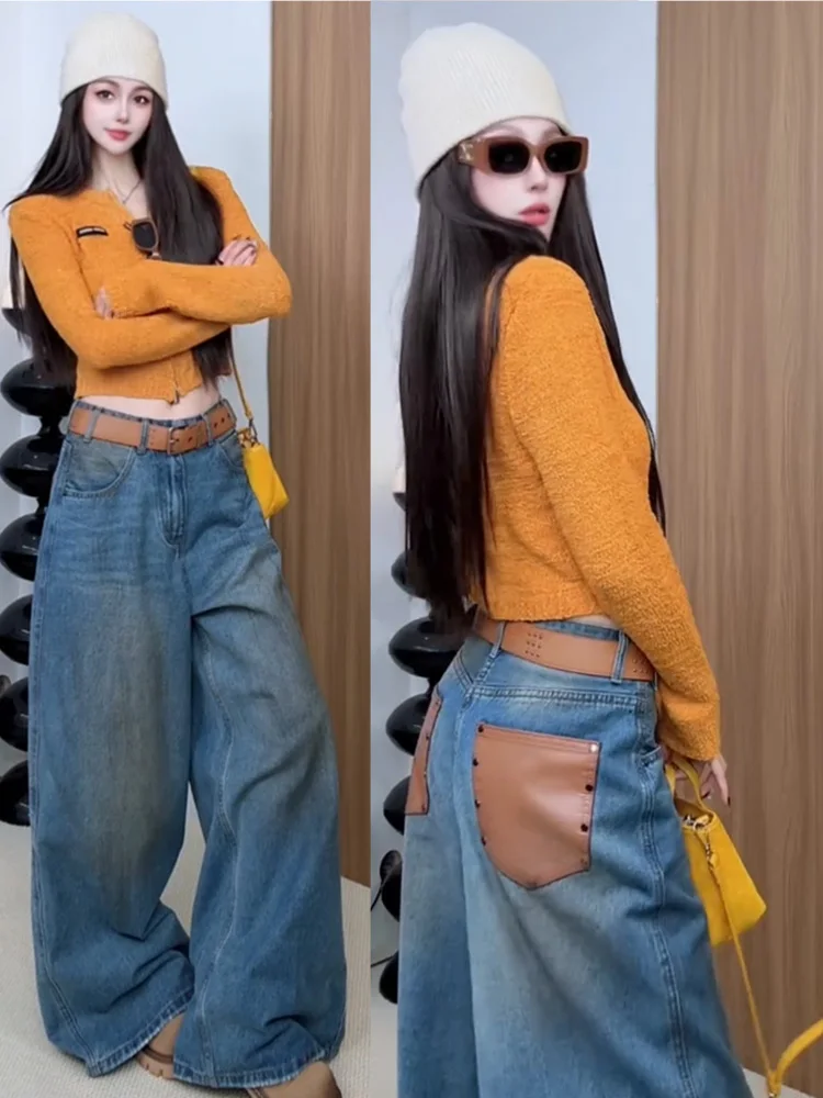 

American Style Vintage Faded High Waist Straight Leg Jeans Women's 2025 New Design Leather Pocket Loose Wide Leg Long Pants
