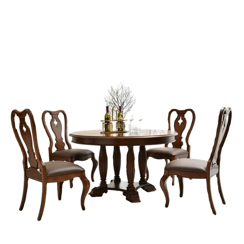 

French rural retro old solid wood round dining table combination small apartment Nordic simple cherry wood living room