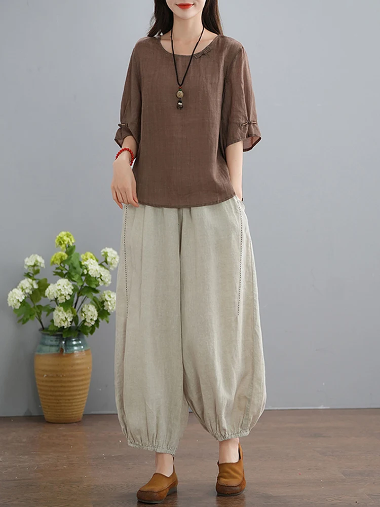 

Retro Artistic Cotton Linen Casual round Neck Top And Lantern Pants Two Piece Set Spring Summer Loose Fit High Waist Nine Pants
