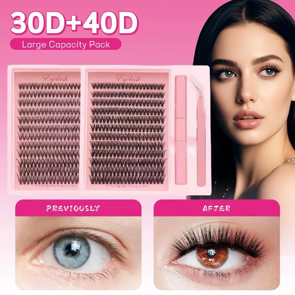 Kit de grupos de pestañas, 12 filas D, pestañas rizadas, kit de extensión de pestañas DIY con unión de pestañas y pinzas (kit 30D 40D 9-16 mm)