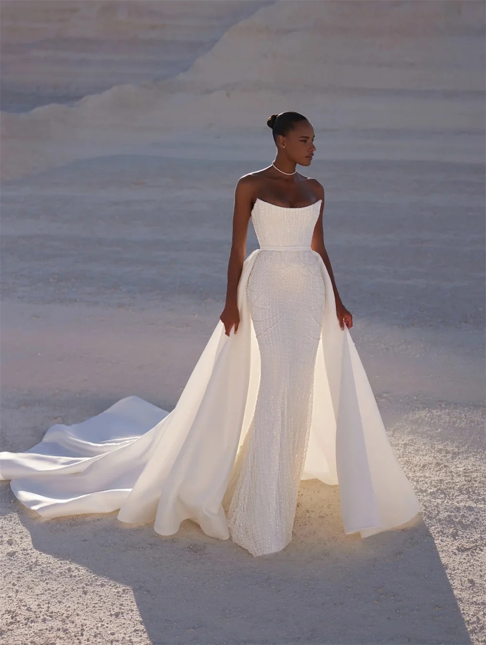 Tokyo Strapless Corset Bodycon Fit Detachable Train Modern Sleek Wedding Dress Minimalist Luxury Chic Bridal Gown Formal Party