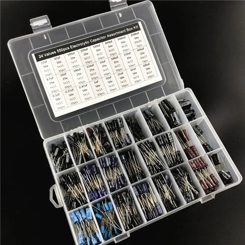 24 valores x 550 piezas 16 V/25 V/35/50 V (0,1 uF ~ 2200 uF) Kit surtido de condensadores electrolíticos mixtos con caja de almacenamiento
