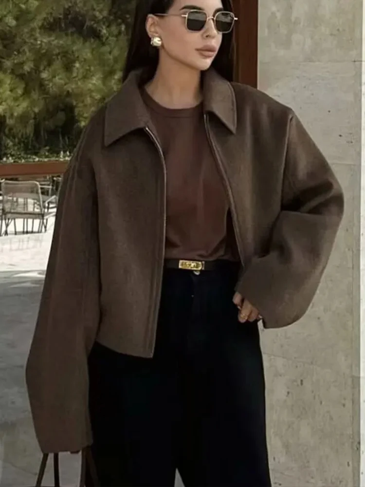 HH 2025 Women\'s Spring Fashion New Solid Color Casual Woolen Coat Retro Lapel Zipper Pocket Coat Elegant Women\'s Street Wear