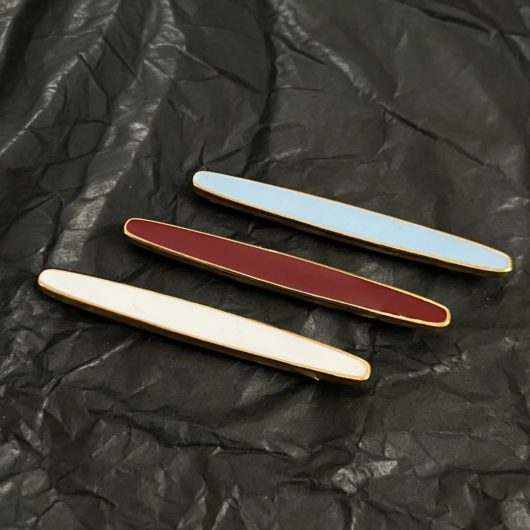 

White Burgundy Light Blue Enamel Hair Barrette Gold Trim Slim Oval Shape Fashion Accessory for Women in Vintage Glossy Clamp Pin