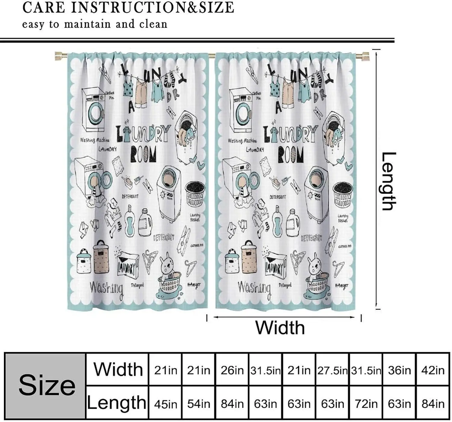 Laundry Room Sketch Curtains 2 Panels, Washing Machine Detergent Basket Light Blue Lace Border Window Drapes for Laundry Space