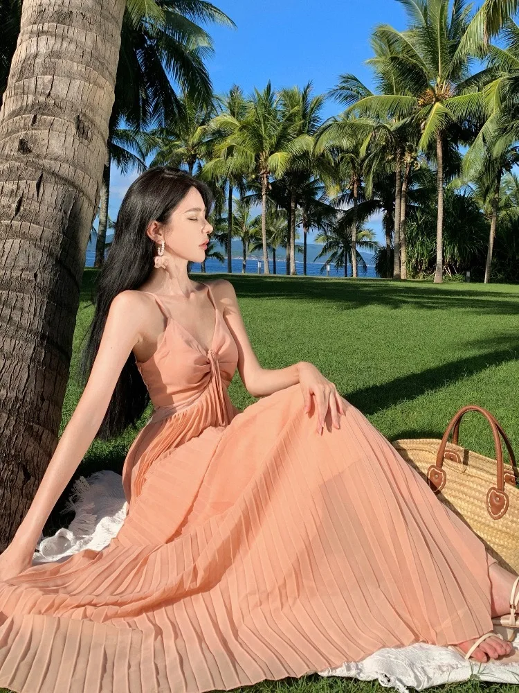 Beach Holiday Pink Backless Neck-mounted Long Dresses Summer French Hepburn Pressure Pleated Big Swing Casual Female Clothing