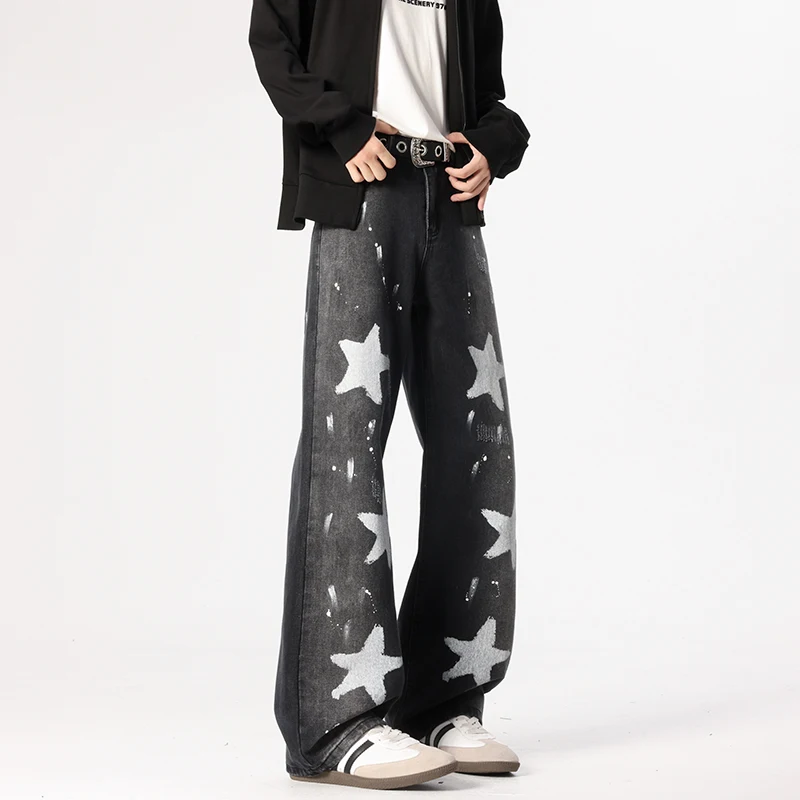 High Street Men's Denim Jeans Stars Printing Contrast Color Loose Graffiti Straight Leg Loose Male Jeans Personalized