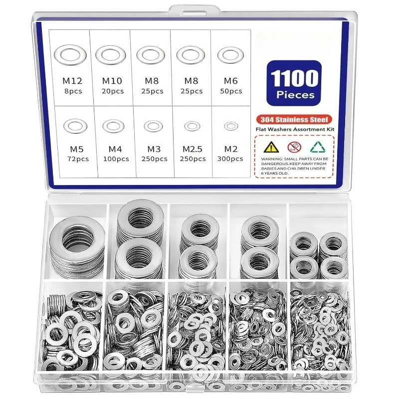 1100-teiliges Sortiment an flachen Unterlegscheiben aus Edelstahl 304, M2–M12, Metallscheiben, feste Dichtung für Schrauben und Bolzen, Befestigungselemente