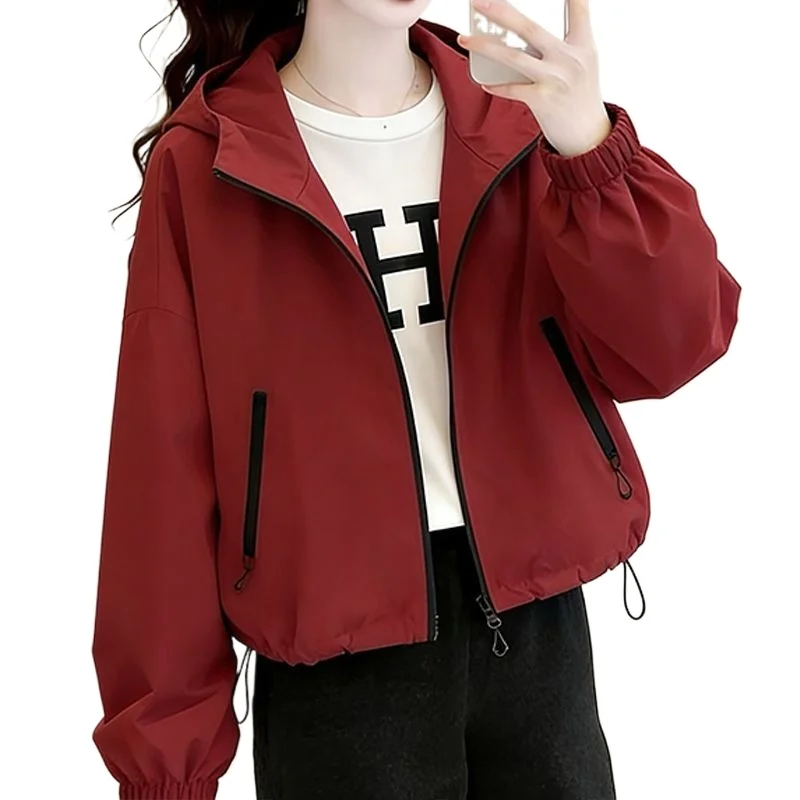 

Spring Autumn Women Windbreaker Jacket 2026New Solid Color Hooded Short Jacket Female Casual Top Student Jacket Ladies Outerwear