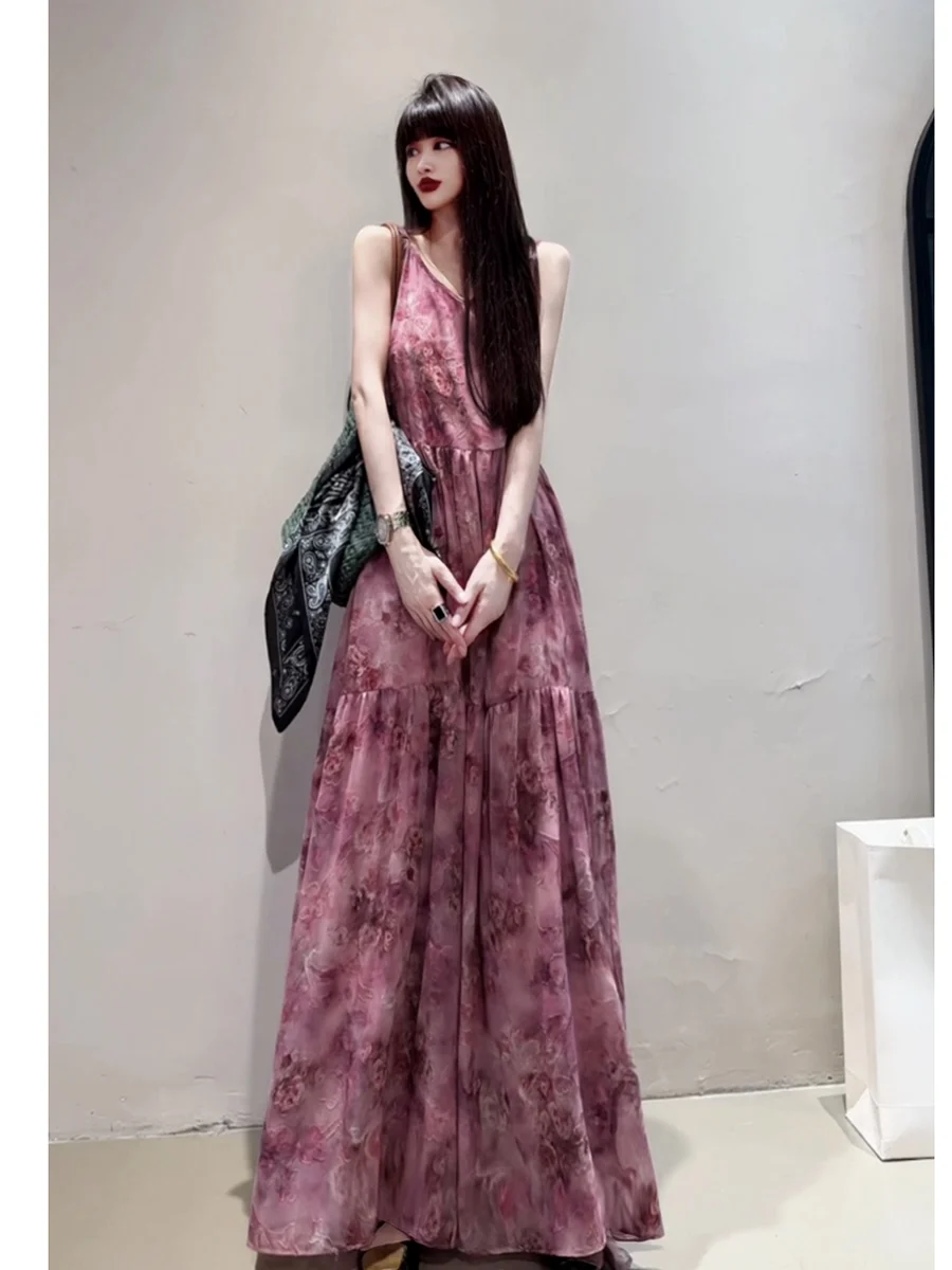

Summer 2025 New Arrival Gentle Style High Waist A-Line Maxi Dress Long Sleeveless Korean Commute Wind Extra Loose Strap Dress