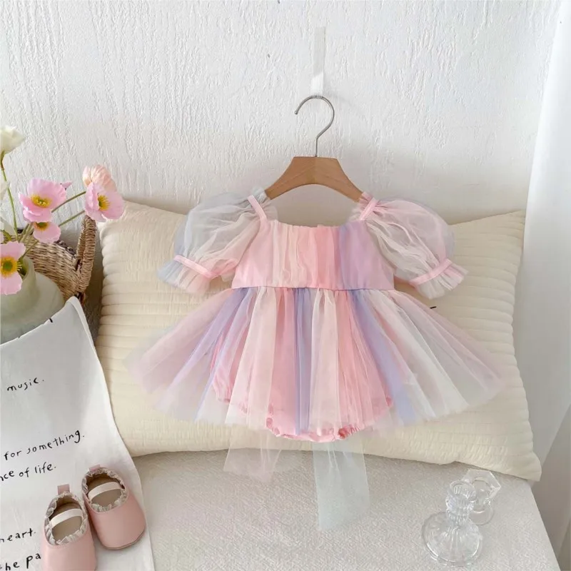 Newborn Baby Girl Rainbow Tulle Romper Princess Dress Infant Toddler Puff Sleeve Bow Jumpsuit Summer Birthday Party Clothes3-18M