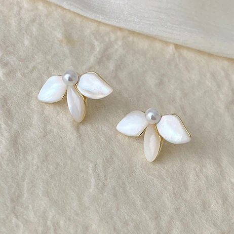 PONYKISS 925 Sterling Silver Needle Pearl Shell Flower Stud Earrings for Women Minimalist Cute Fashion Jewelry Plant Accessories