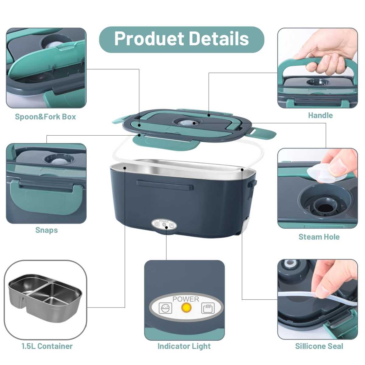 صندوق غداء كهربائي للبالغين - صندوق غداء سريع التسخين بقدرة 60 وات للرجال والنساء مع حاويات مزدوجة من الفولاذ المقاوم للصدأ بورتا تسخين سريع #3