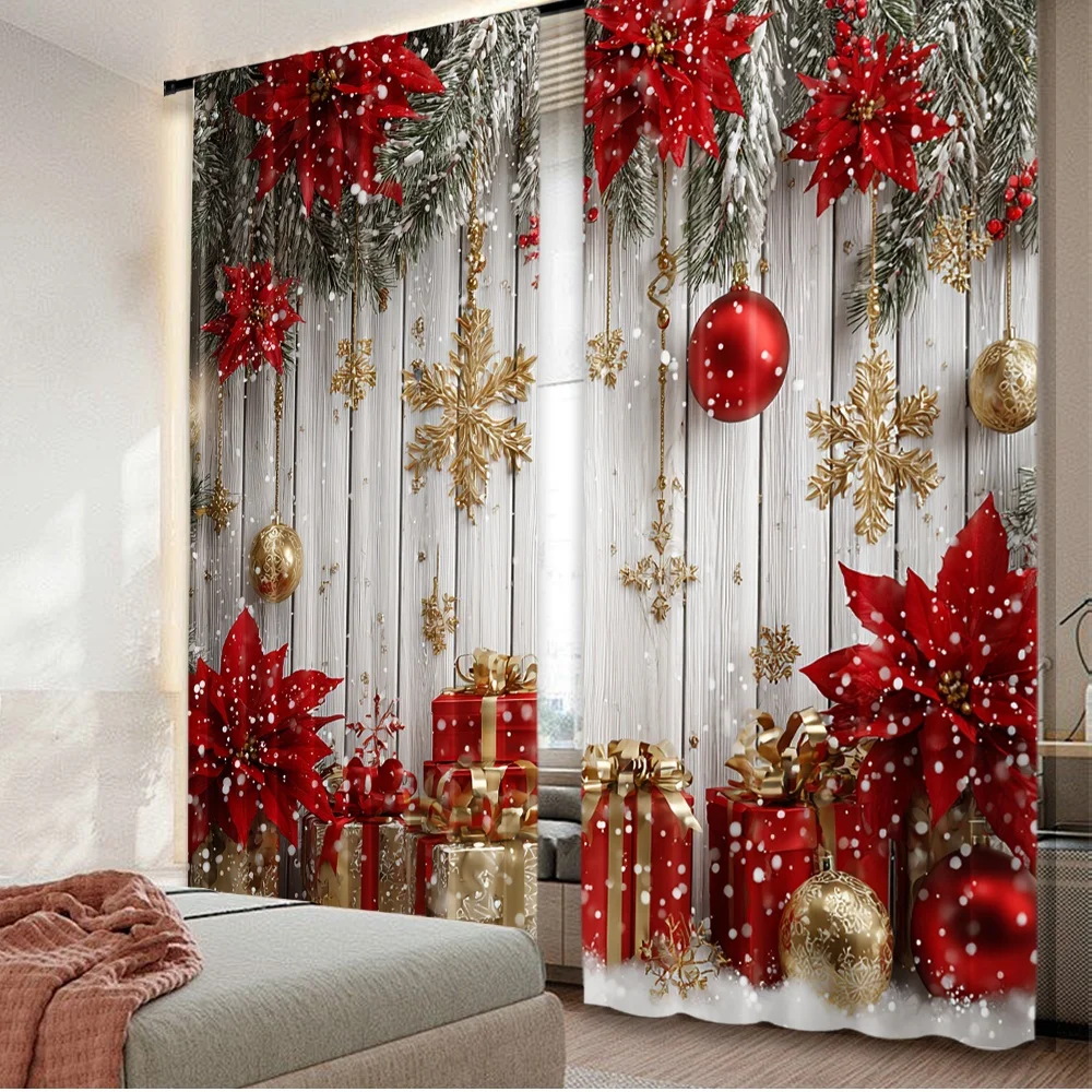 2D flat printing 2pcs Curtains Christmas Ornaments Glow Digital Printed Polyester Drapes Family Party Decoration for Photo