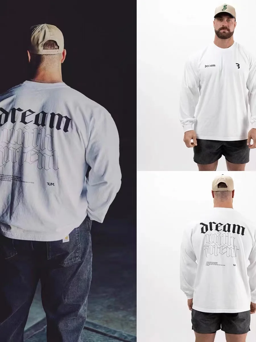 

Свободная хлопковая футболка CaoBaoCis с длинным рукавом для фитнеса и тренировок, повседневный свитшот в американском стиле с принтом