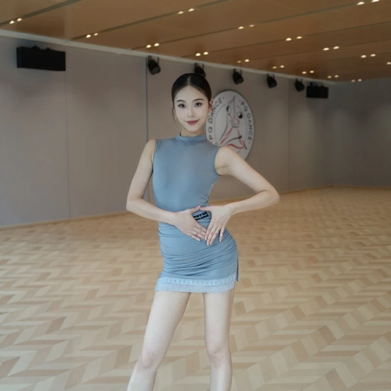 여름 라틴 댄스 복장 여성 새로운 블루 레이스 탑 스커트 연습 착용 민소매 룸바 의상 삼바 댄스 드레스 DNV24627