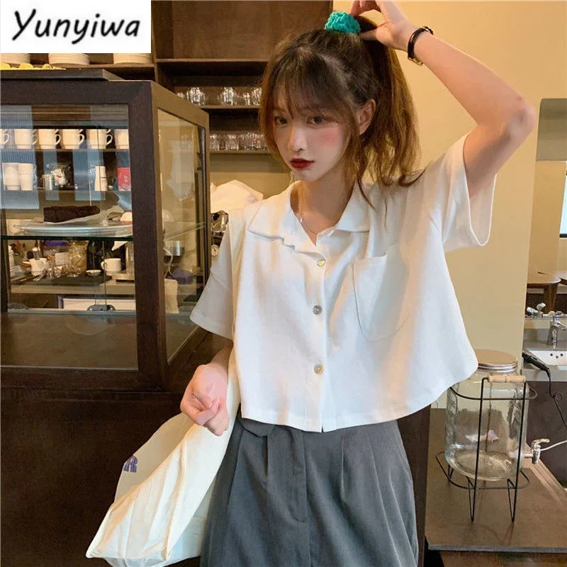 Shirts Women Pocket Solid Short Sleeve Casual Sweet Simple Summer Crop Tops Womens Koreans Style Designed Chic Streetwear Trendy