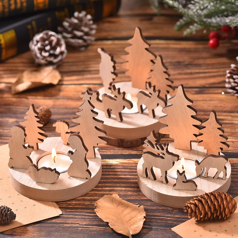 1PC Christmas Wooden Candle Holder Tabletop Decorations, Christmas Tree Father Christmas Ornaments, Festive Ambience Decorations