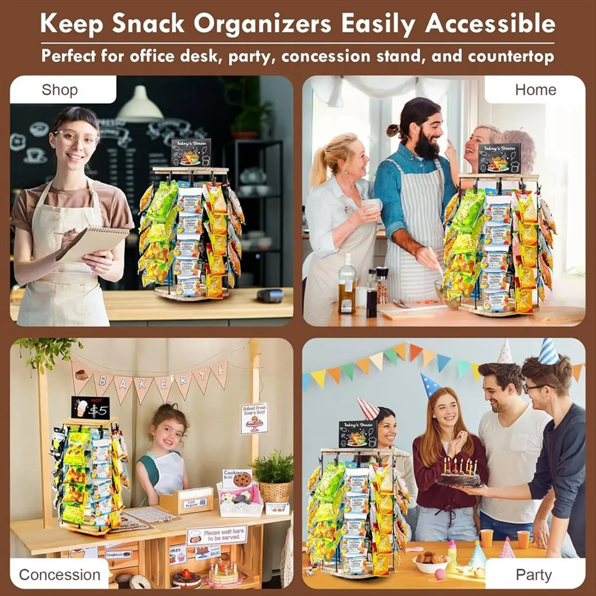 A67T NEW Chip Rack Display Stand, 5 Tiers Snack Organizer for Desk, 360° Rotating Wooden Base Chip Holder Candy Display