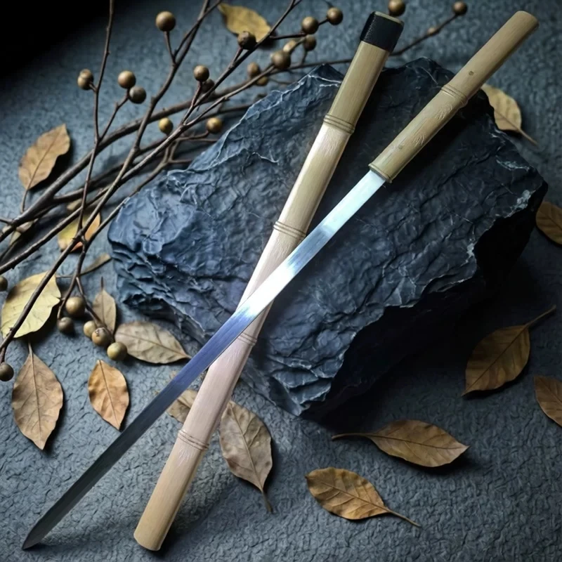 Chinese swords full size real steel natural wooden sword sheath imitating bamboo double edges handmade decor craft Wushu art view 5