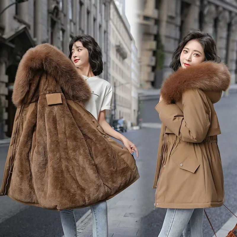 Chaqueta larga con forro de lana para mujer, Cuello de piel delgada con Parka, abrigo cálido, ropa de invierno, nueva moda, 2023