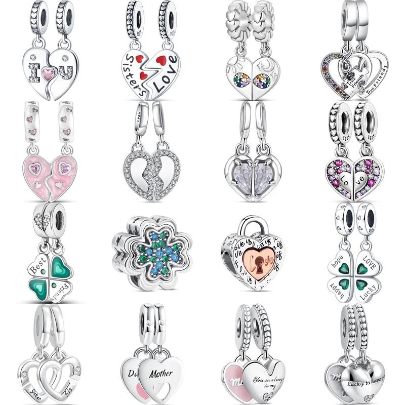 

925 Silver Beads Sisters Mother Daughter Best Friends Splittable Heart Four Leaf Clover Love Pendant Fit Pandora Charms Bracelet