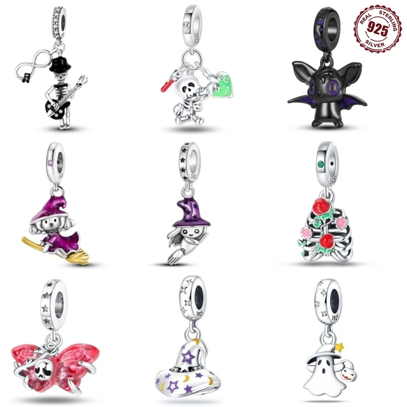 

2024 925 Sterling Silver Pendant Bracelet Halloween Bash Gift Skull Bat Charms Beads For Diy All Saints' Day Jewelry Gift Making