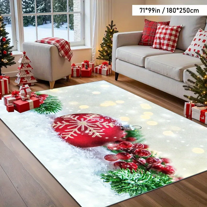 1pc Modern Christmas Balls & Pine Pattern Area Rug, Non-Slip Backing, Machine Washable Indoor Large Christmas Rug