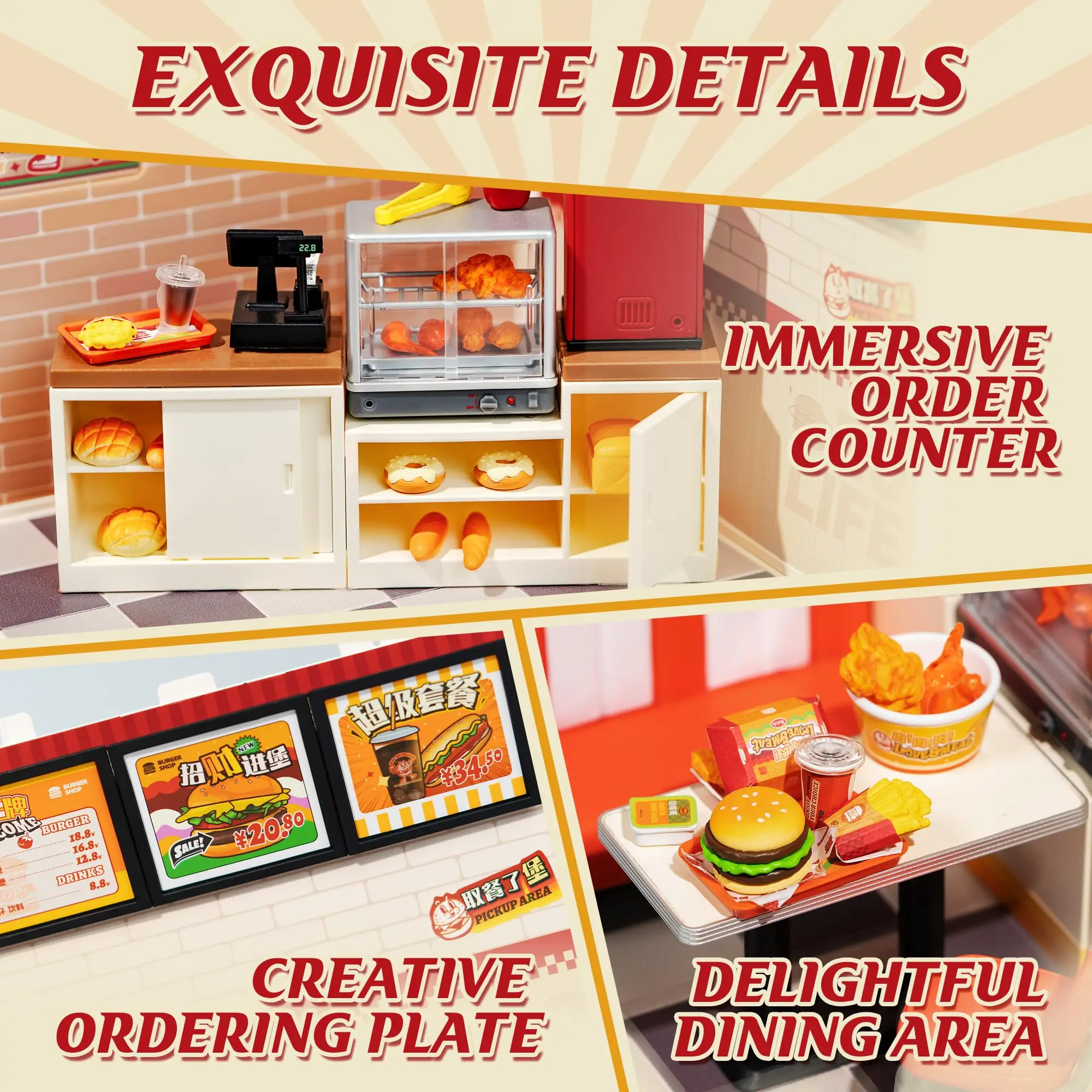 ROBOTIME Kit de casa em miniatura DIY, kit de artesanato de construção de modelo de casa de bonecas com LED, presente de coleção de decoração de quarto para crianças (loja de hambúrguer)