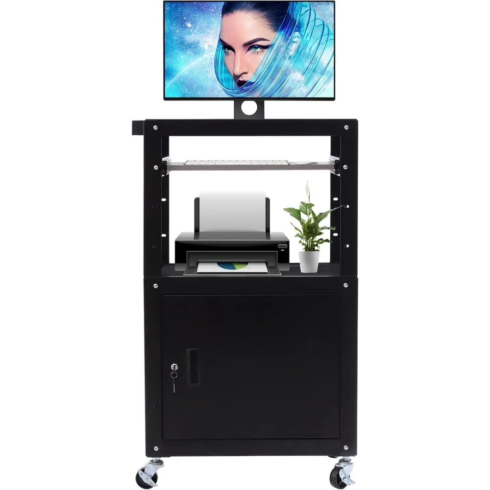 Black Steel Large AV Cart Carbon Steel Adjustable Height Cart with Locking Cabinet with Extra Storage & Pullout Tray Power Strip