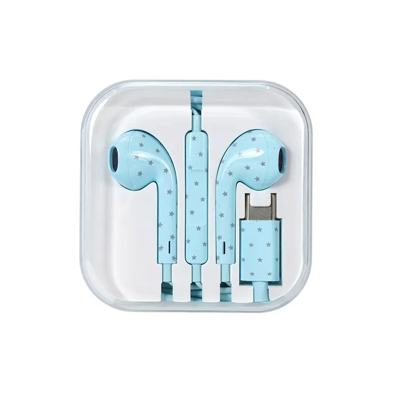 2pcs remote square painted water transfer pattern cartoon pattern wire control with microphone type-c mobile phone wired headset