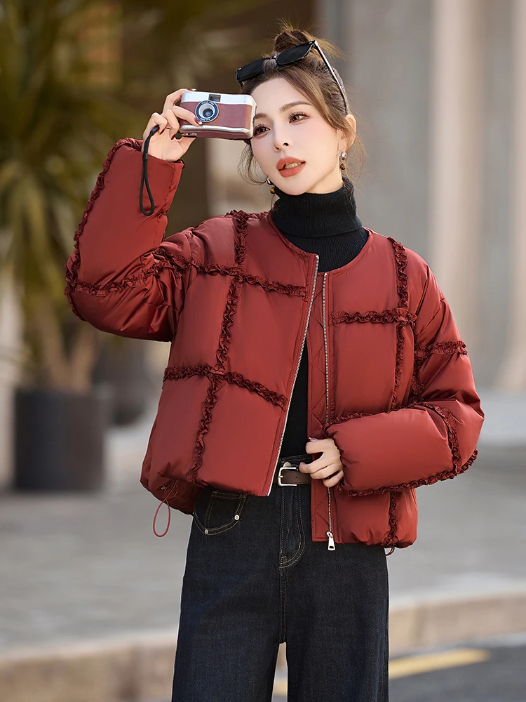 

Red Cotton Jaet Women's ort Sle Unique Beautiful High End Faion Korean Version 2025 Winter New Arrival Ruffle Splicing