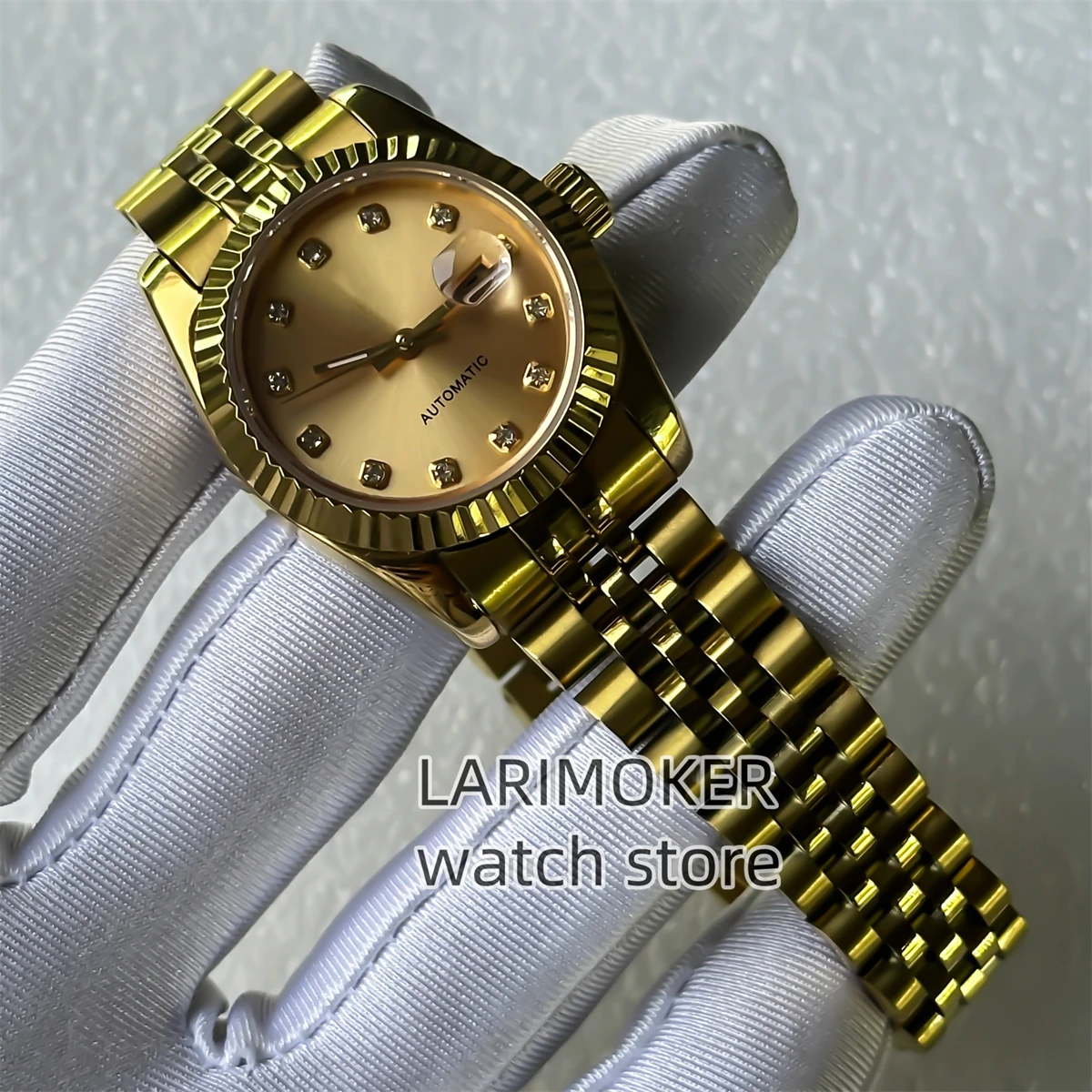 Reloj automático para mujer de alta calidad de 31 mm, caja de acero inoxidable de oro rosa de dos tonos, esfera blanca de nácar, fecha de tres puntos