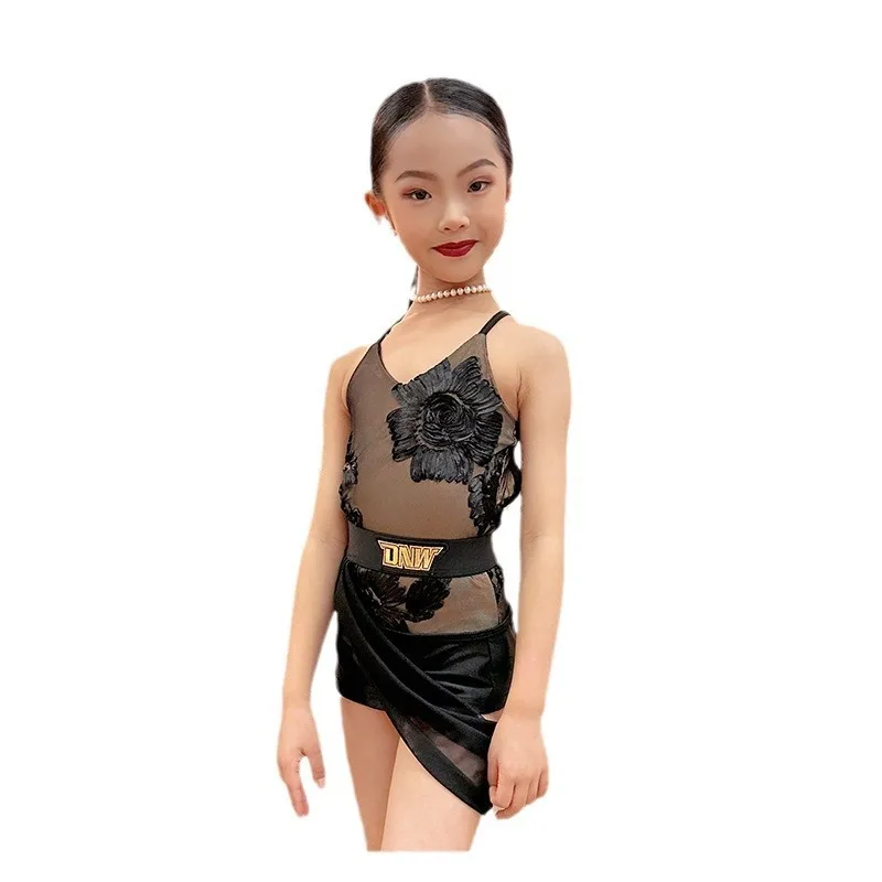 Customized Latin Dance Suit Practice Dress Girls' Professional Competition Performance Dress Black Printed Sling Set