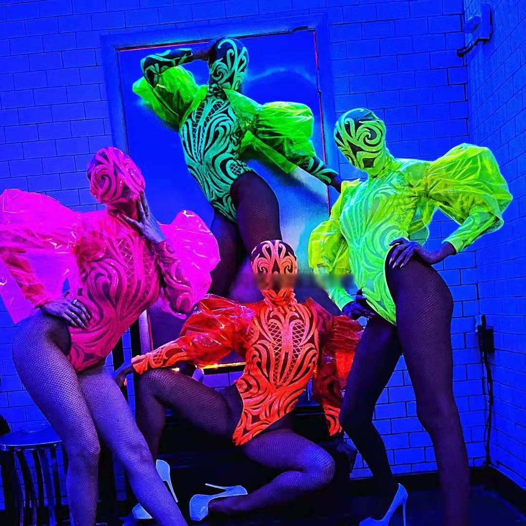 Fluorescent Color Gogo Dancing Performance Stage Costume Puff Sleeve Bodysuit Nightclub Festival Wear DJ Dancer Clothing