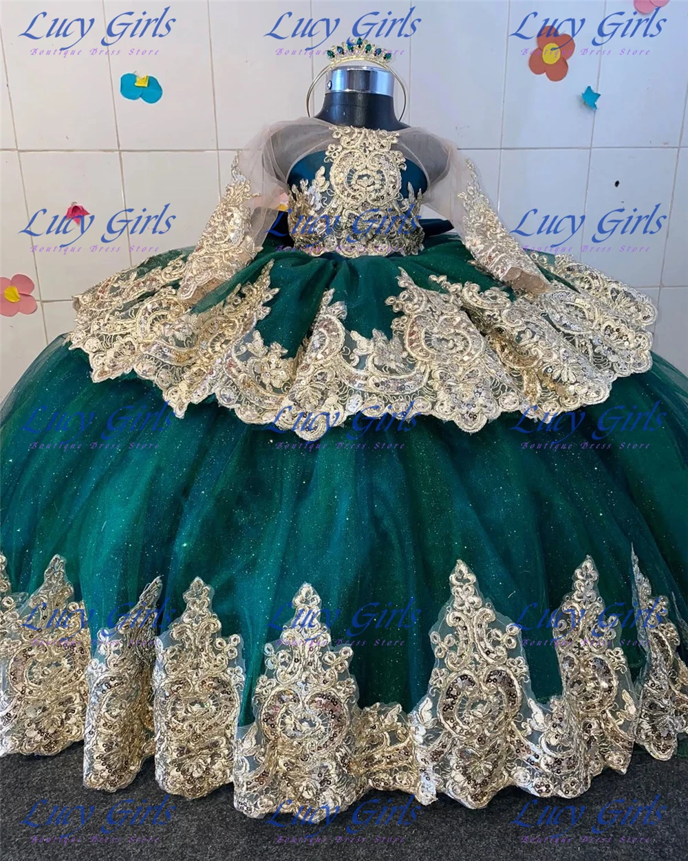 

Elegant Flower Girl Dress Quality Green Tulle Fluffy Quality Gold Lace Applique With Long Tail For Kids Birthday Party Gowns
