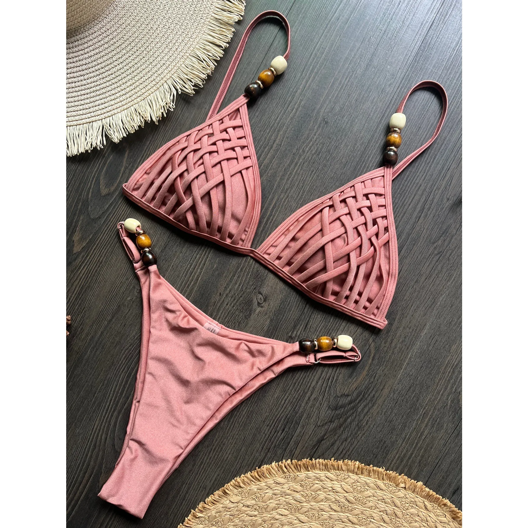 Sexy Solid Bikini Set 2026 Women Bead Strap Hole Out Push Up Bra Thong Swimsuit Brazilian Beach Bathing Suit Micro Swimwear