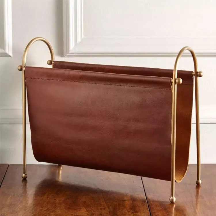Retro nostalgic light luxury leather metal magazine rack home living room entrance storage ornament soft decoration jewelry