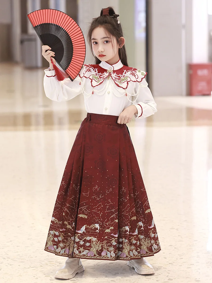 Vinatge Ancient Tang Suit Hanfu Cute Girls 2024 New Arrival Horse Face Skirt Sweet Kids Princess Chinese Traditional Dress